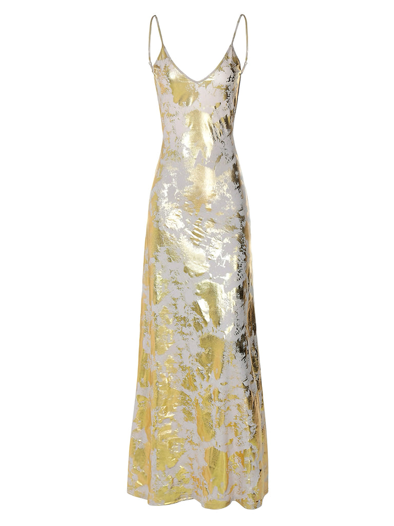 Gold 1980s Spaghetti Strap V-Neck Foil Print dress - vintage dress, retro fashion, glamorous gold