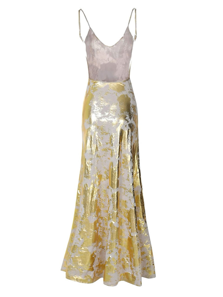 Gold 1980s Spaghetti Strap V-Neck Foil Print dress - vintage dress, retro fashion, glamorous gold
