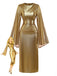 Gold Foil 1970s Batwing Sleeve Waist Ruched Dress - vintage dress, retro fashion, glamorous gold