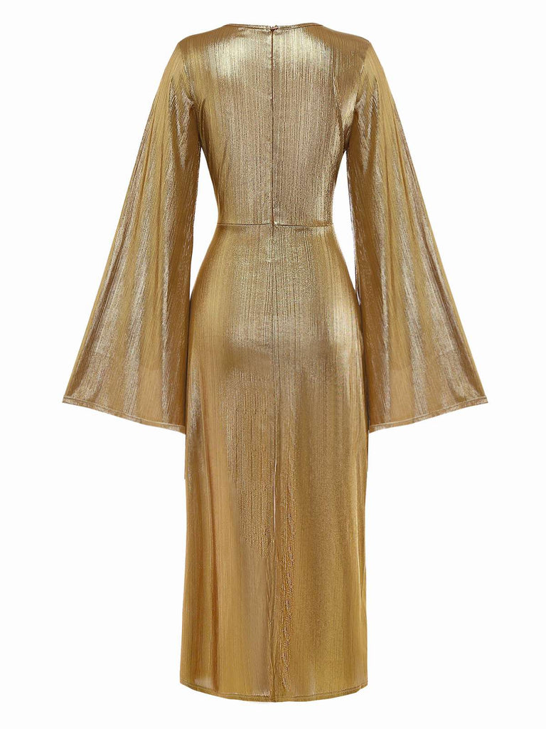 Gold Foil 1970s Batwing Sleeve Waist Ruched Dress - vintage dress, retro fashion, glamorous gold