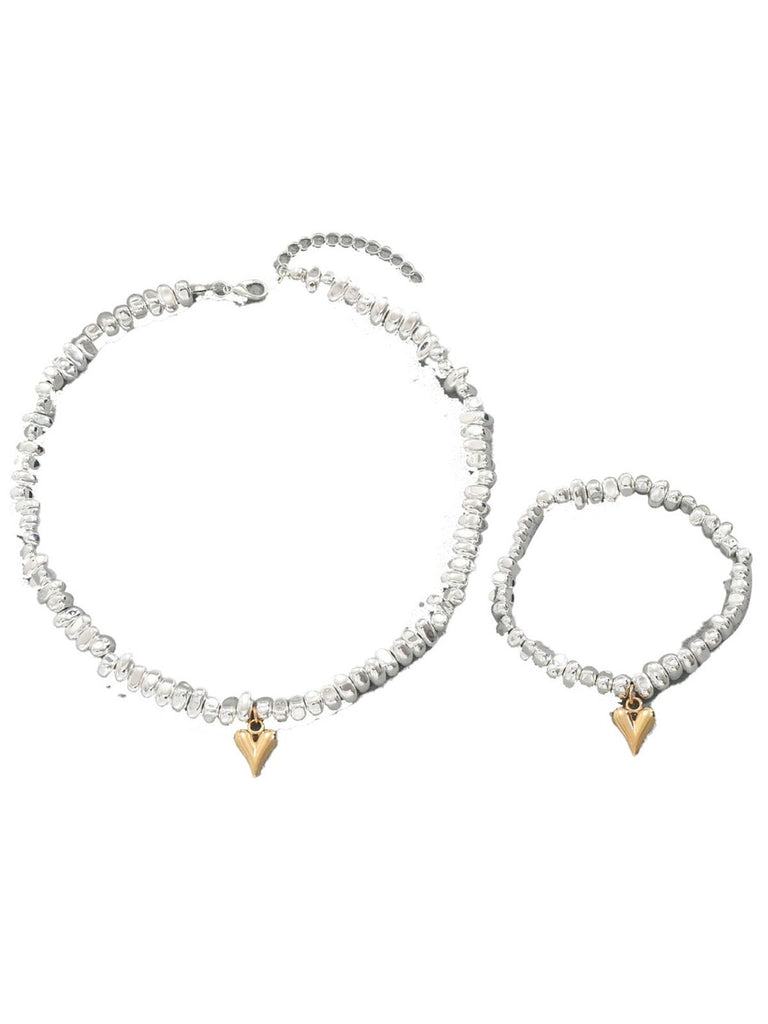 Gold Heart Pendant Necklace & Bracelet Set - vintage fashion, retro style, glamorous gold