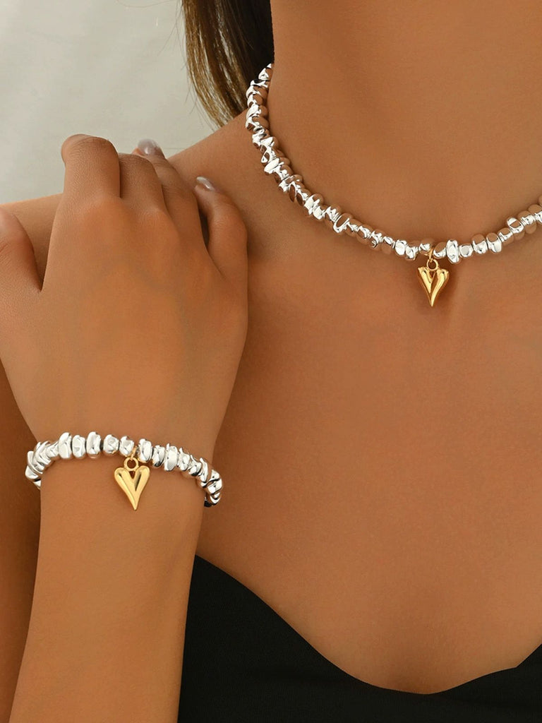 Gold Heart Pendant Necklace & Bracelet Set - vintage fashion, retro style, glamorous gold