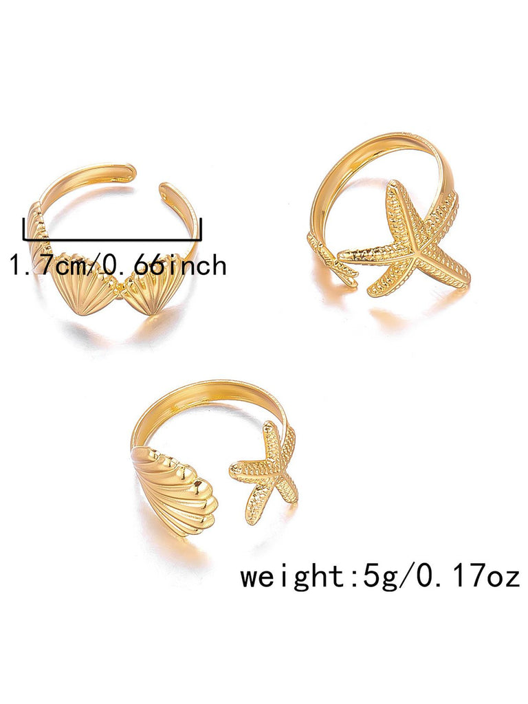 Gold Seashell Starfish Rings Set - vintage fashion, retro style, glamorous gold