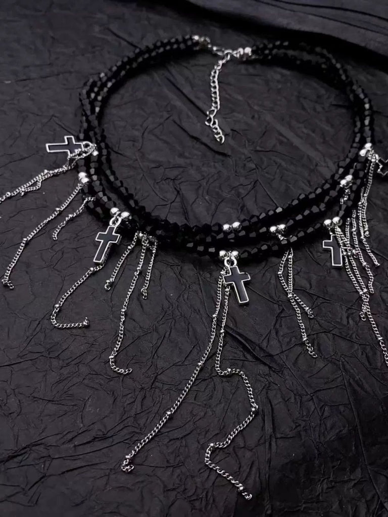 Gothic Fringe Cross Charms Layered Bead Necklace - vintage fashion, retro style, elegant red