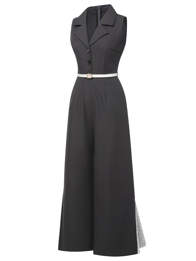 Gray 1940s V-Neck Lapel Lace-Patchwork Jumpsuit, vintage romper, retro jumpsuit - perfect for women who love vintage and retro fashion