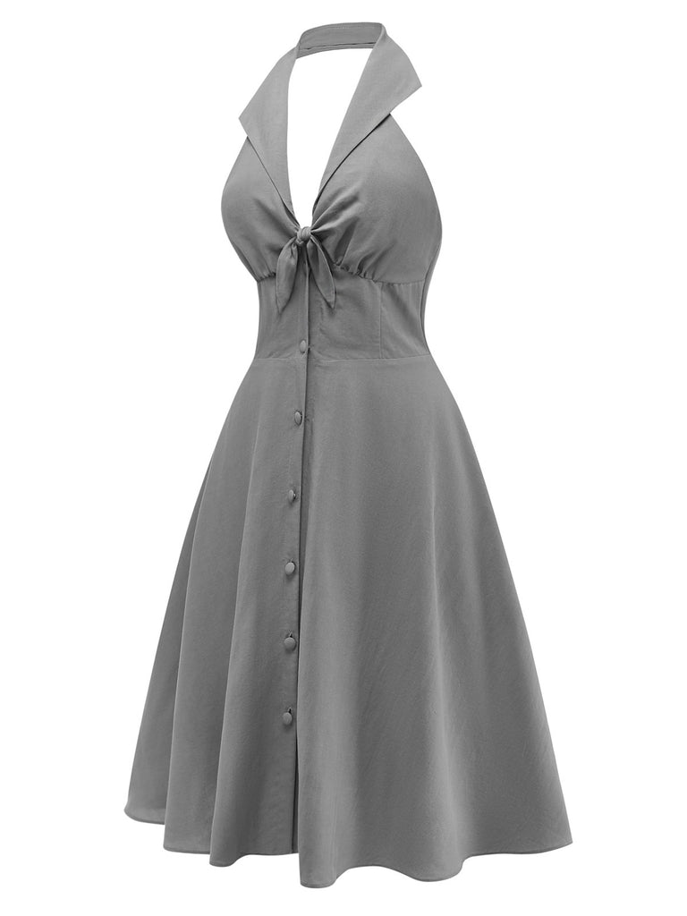 Gray 1950s Halter V-Neck Swing Dress - vintage dress, retro fashion, rockabilly