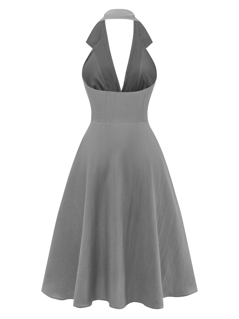 Gray 1950s Halter V-Neck Swing Dress - vintage dress, retro fashion, rockabilly