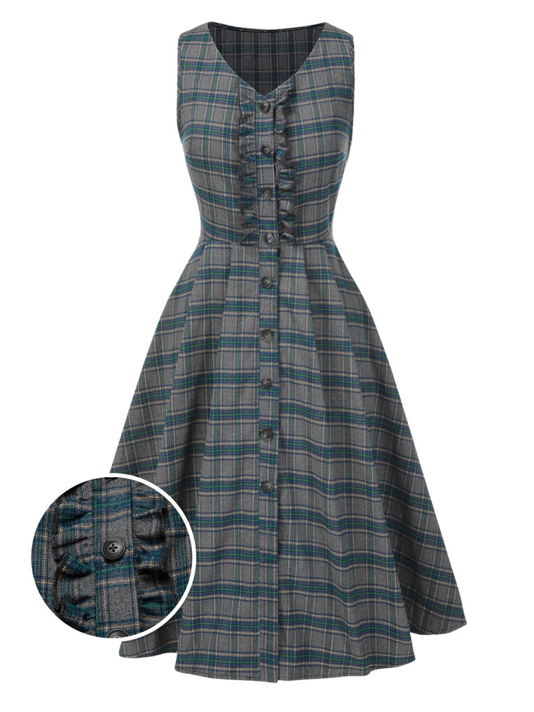 Gray 1950s Plaid V-Neck Sleeveless Ruffled Dress - vintage dress, retro fashion, rockabilly