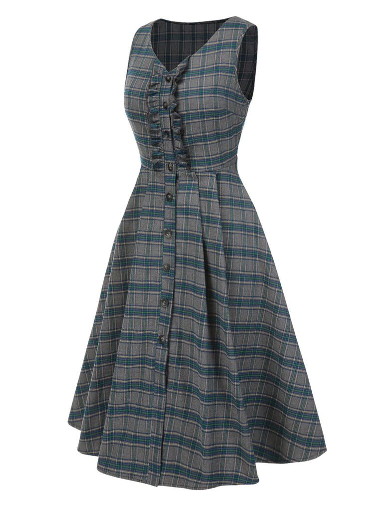 2PCS Gray 1950s Plaid Ruffled Dress & Cotton Blouse, vintage dress, retro fashion, rockabilly, pin-up fashion - perfect for women who love vintage and retro fashion