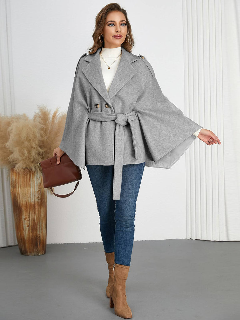 Gray 1950s Solid Notched Collar Belted Cloak Coat - vintage fashion, retro style