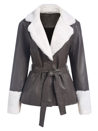 Gray 1960s Solid Plush Faux Leather Belted Coat, vintage coat, retro outerwear - perfect for women who love vintage and retro fashion