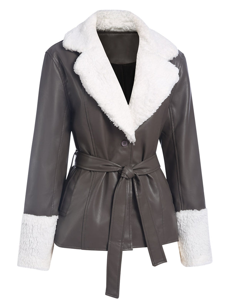 Gray 1960s Solid Plush Faux Leather Belted Coat, vintage coat, retro outerwear - perfect for women who love vintage and retro fashion
