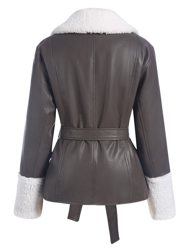 Gray 1960s Solid Plush Faux Leather Belted Coat, vintage coat, retro outerwear - perfect for women who love vintage and retro fashion