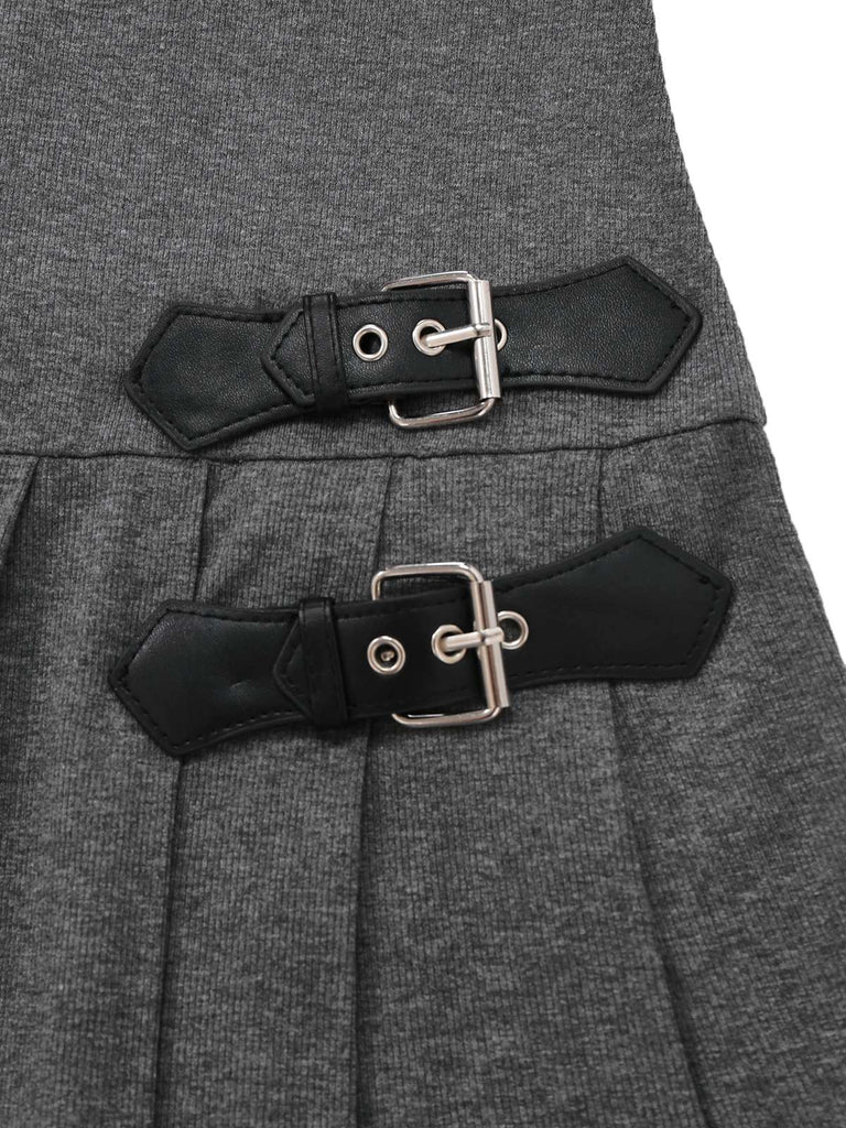 Gray 1970s Knitted Leather Buckle Pleated Dress - vintage dress, retro fashion