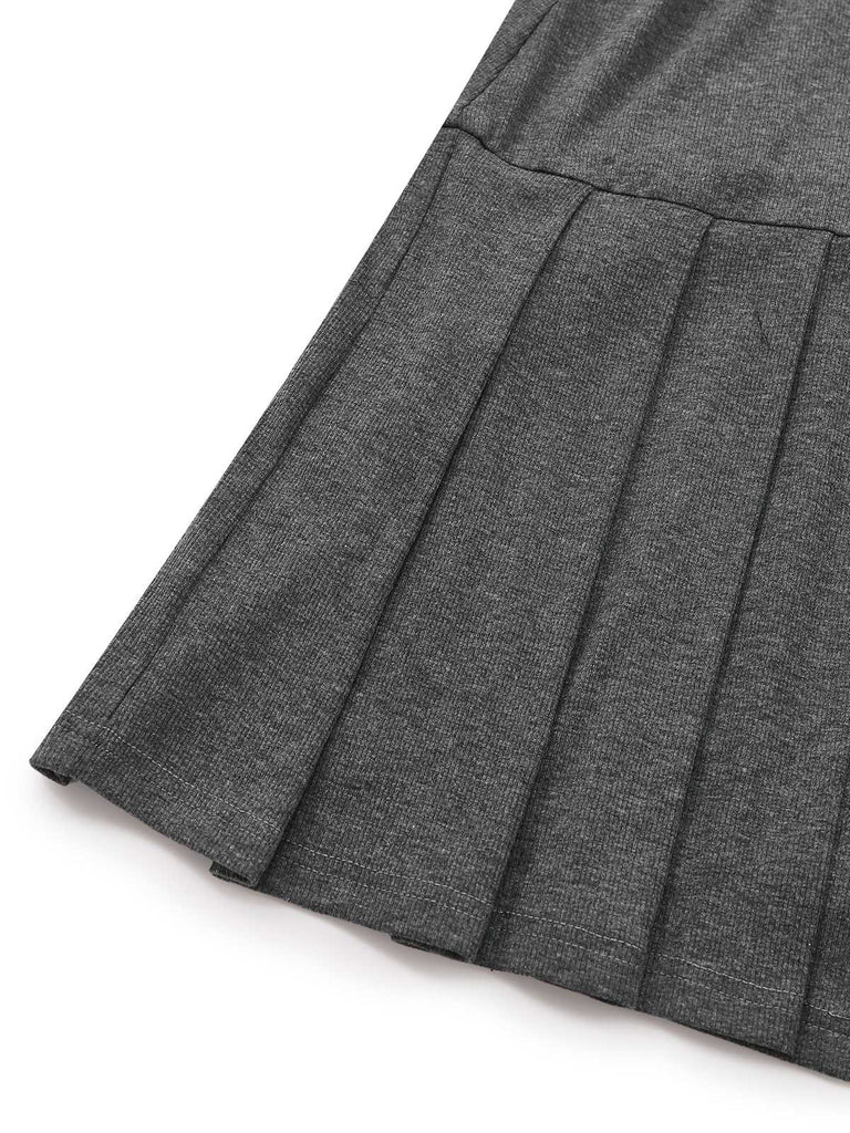 Gray 1970s Knitted Leather Buckle Pleated Dress - vintage dress, retro fashion
