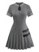 Gray 1970s Knitted Leather Buckle Pleated Dress - vintage dress, retro fashion