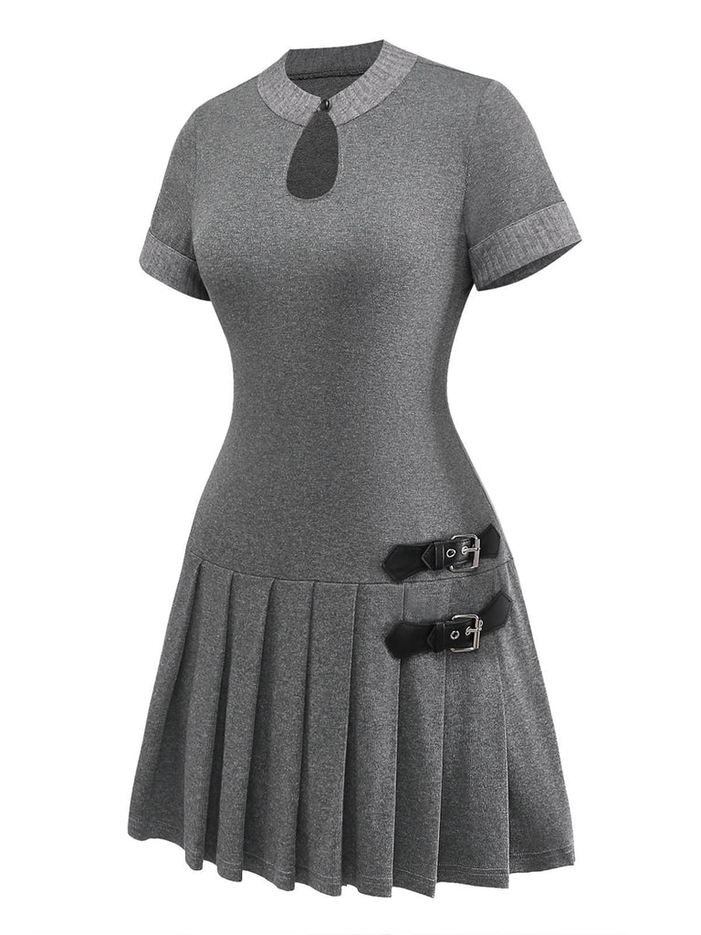 Gray 1970s Knitted Leather Buckle Pleated Dress - vintage dress, retro fashion