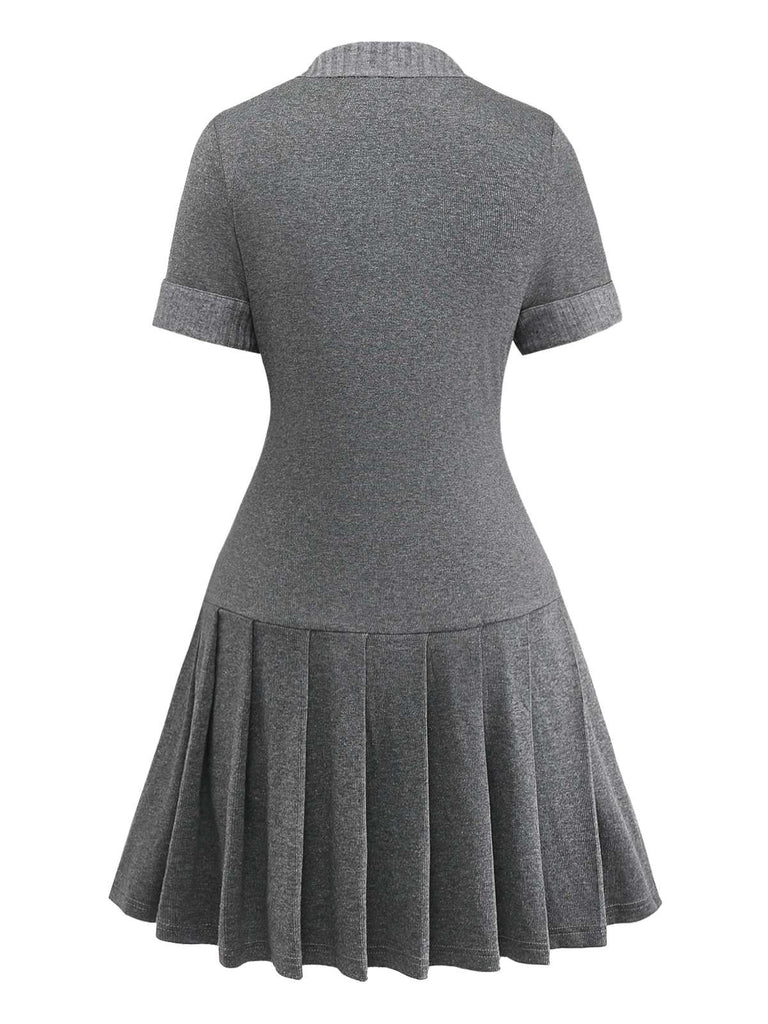 Gray 1970s Knitted Leather Buckle Pleated Dress - vintage dress, retro fashion