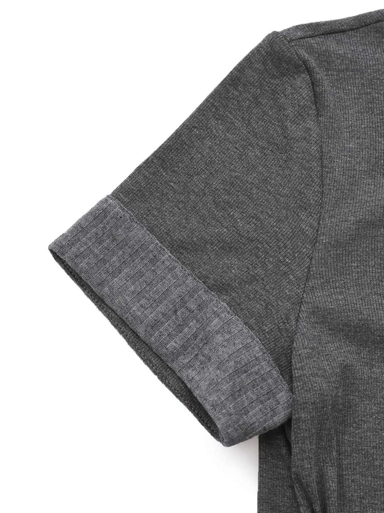 Gray 1970s Knitted Leather Buckle Pleated Dress - vintage dress, retro fashion