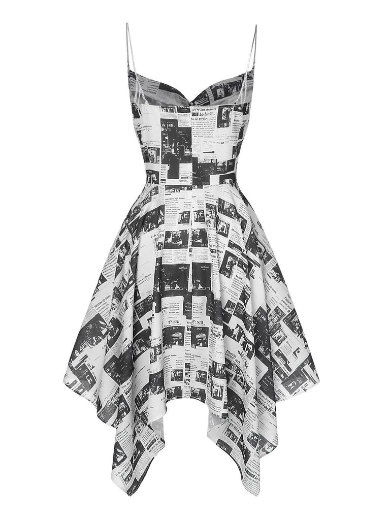 Gray 1970s Spaghetti Straps Cowl Neck Newspaper Dress, vintage dress, retro fashion - perfect for women who love vintage and retro fashion