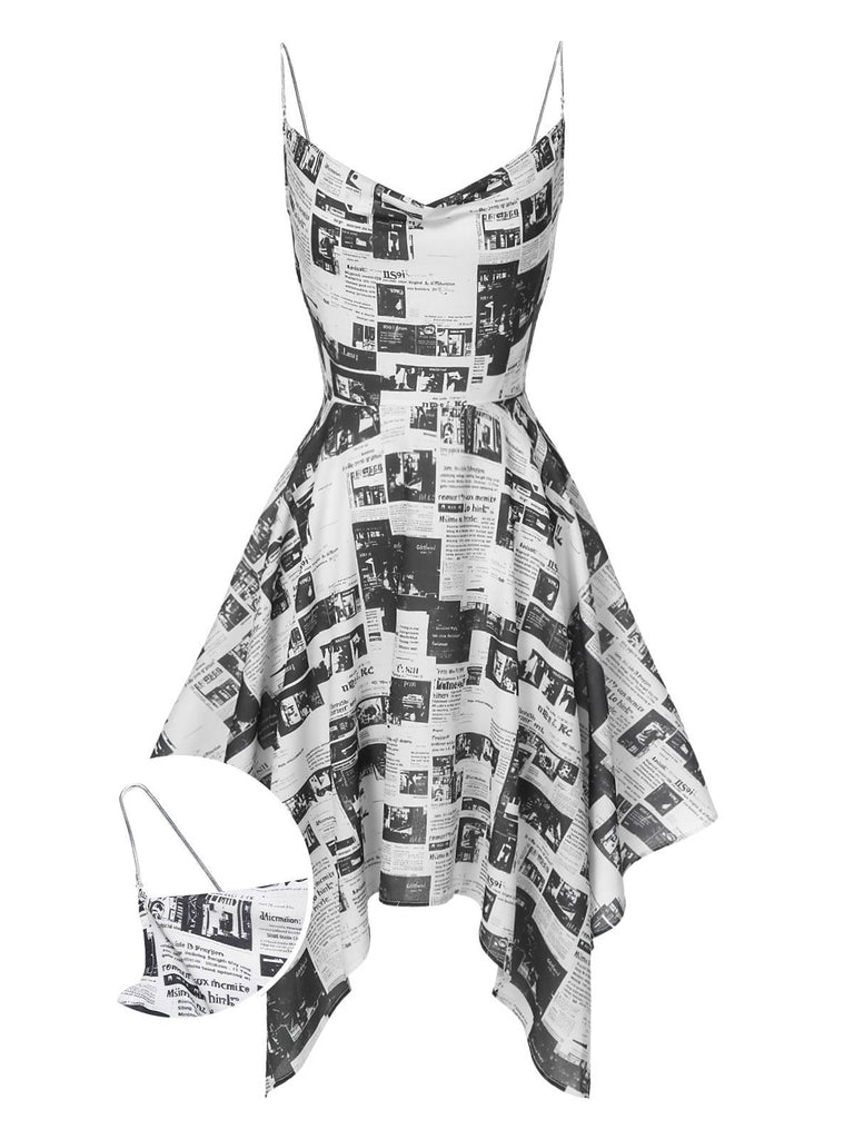 She slips into this Gray 1970s Spaghetti Straps Cowl Neck Newspaper Dress and suddenly it's a 1970s daydream