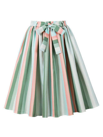 Gray Green 1950s Bow Colorful Stripe Skirt - vintage skirt, retro style