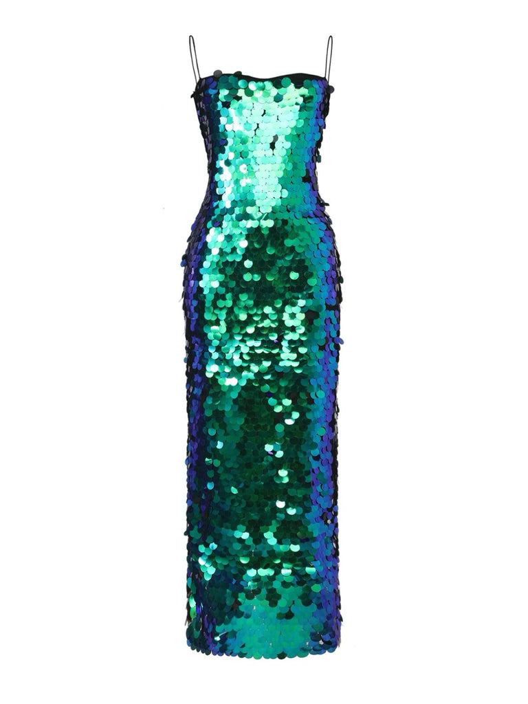 Green 1920s Sequin Evening Spaghetti Straps Dress - vintage dress, retro fashion, Gatsby party