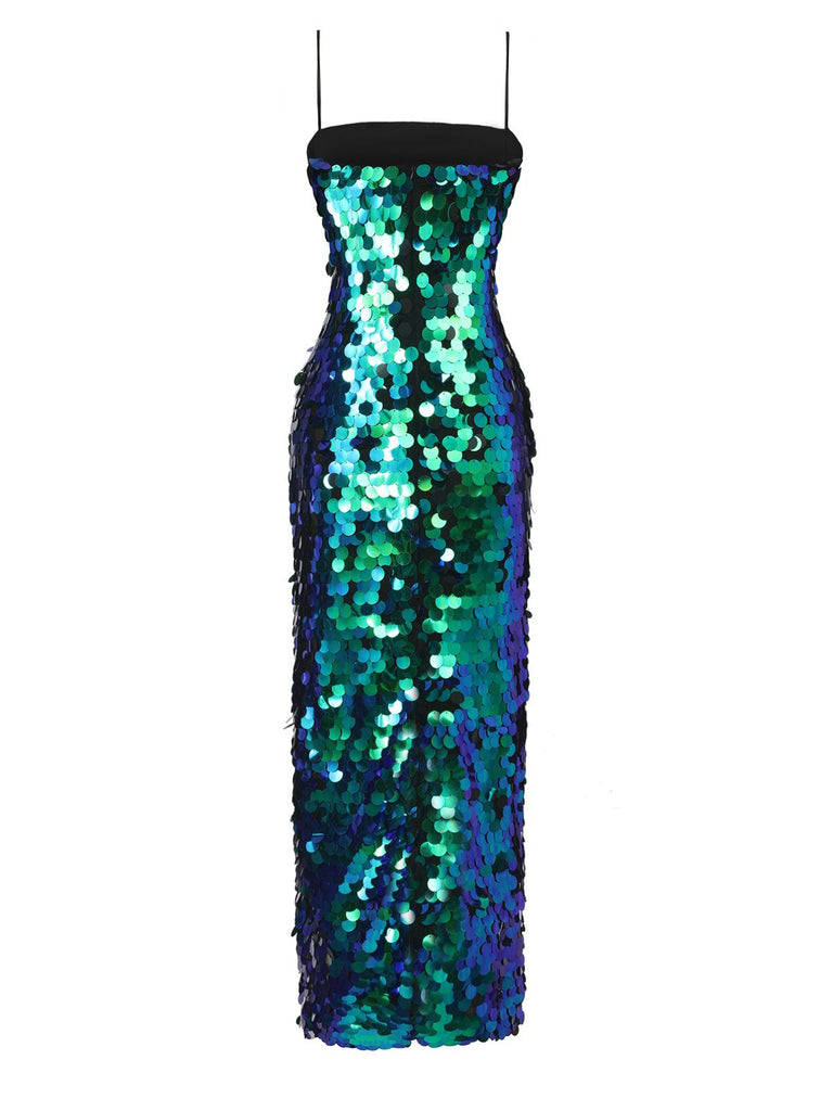 Green 1920s Sequin Evening Spaghetti Straps Dress - vintage dress, retro fashion, Gatsby party