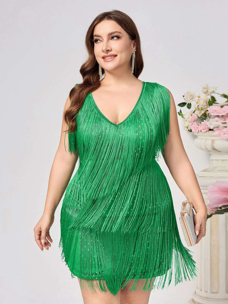 Green 1920s V-Neck Tassels Flapper Dress: where 1920s romance meets her modern spirit