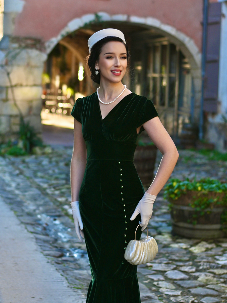 Green 1930s Button V-Neck Velvet Fishtail Dress - vintage dress, retro fashion