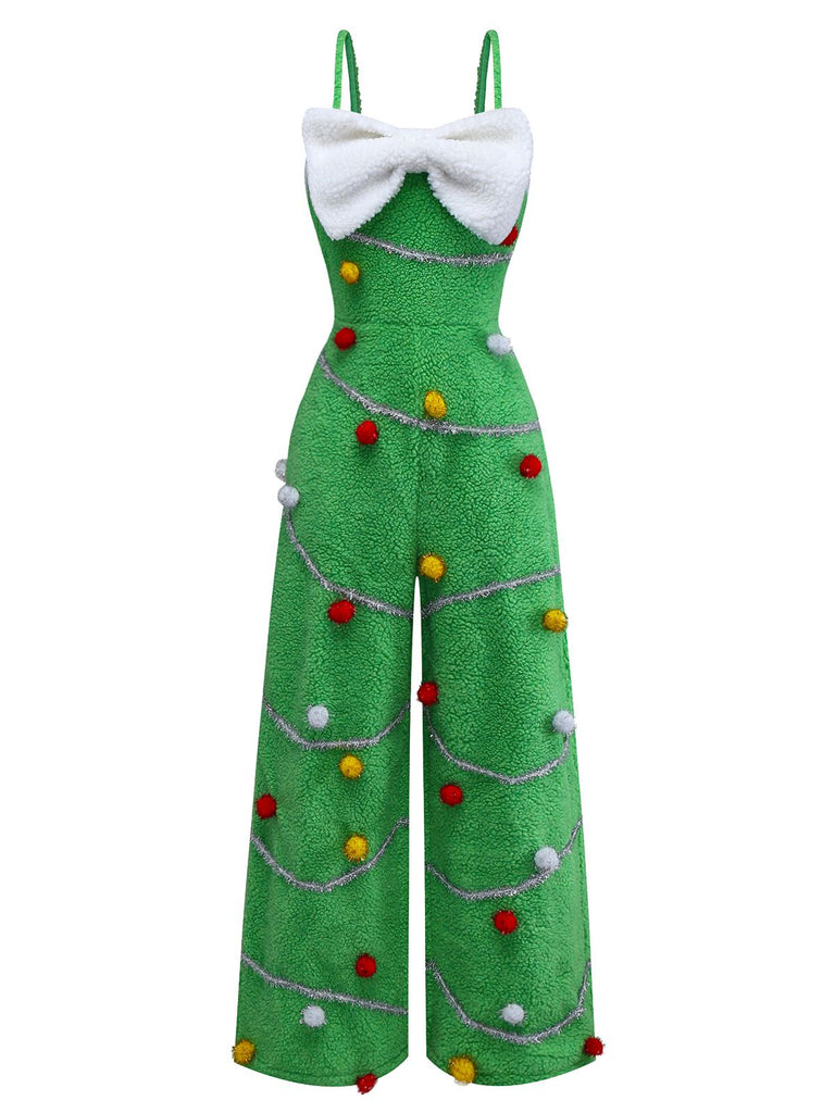 Green 1930s Christmas Tree Pom-Pom Bow Jumpsuit - vintage jumpsuit, retro fashion