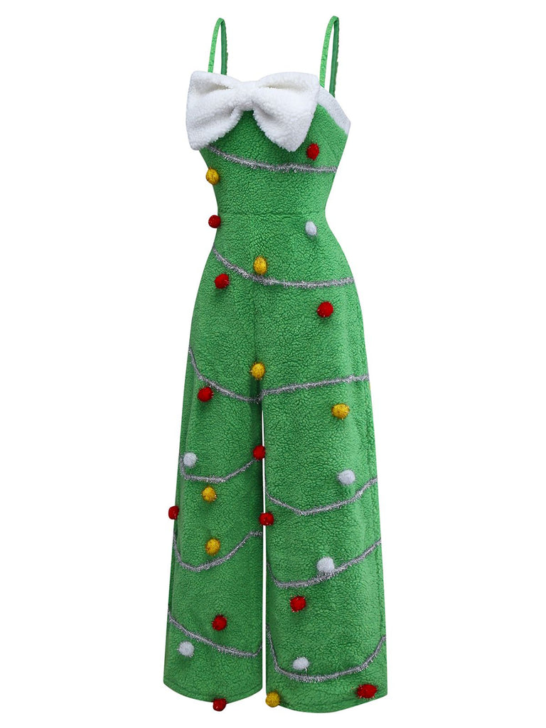 Green 1930s Christmas Tree Pom-Pom Bow Jumpsuit - vintage jumpsuit, retro fashion