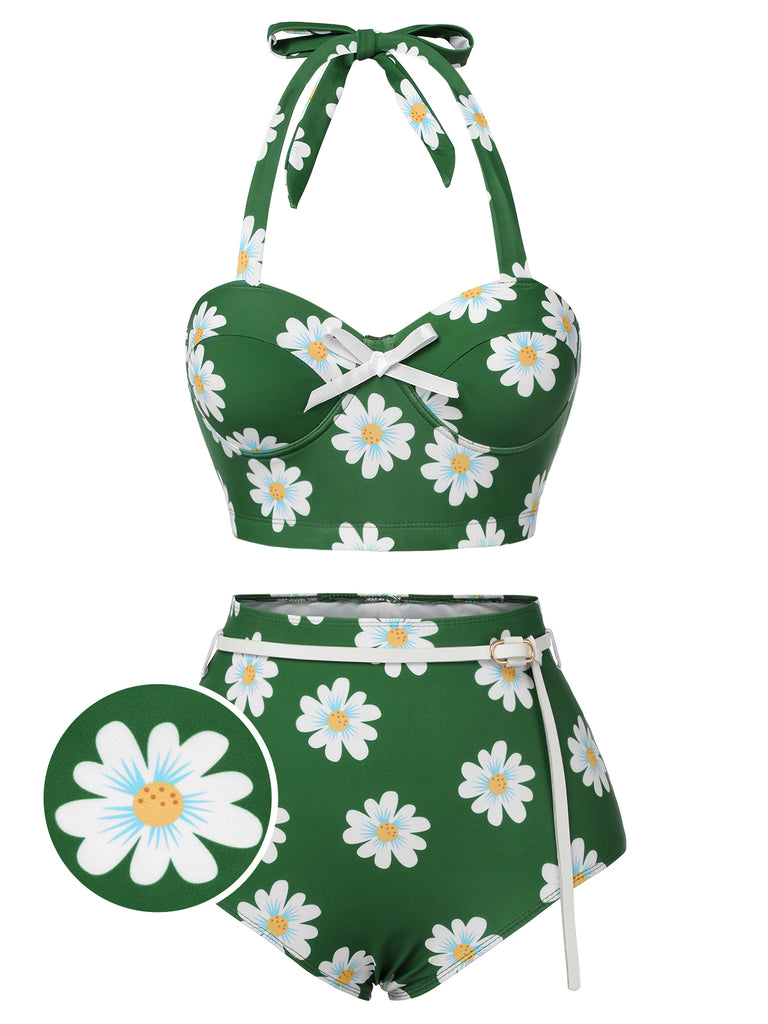 Green 1930s Daisy Halter Swimsuit, vintage swimsuit, pin-up swimwear - perfect for women who love vintage and retro fashion