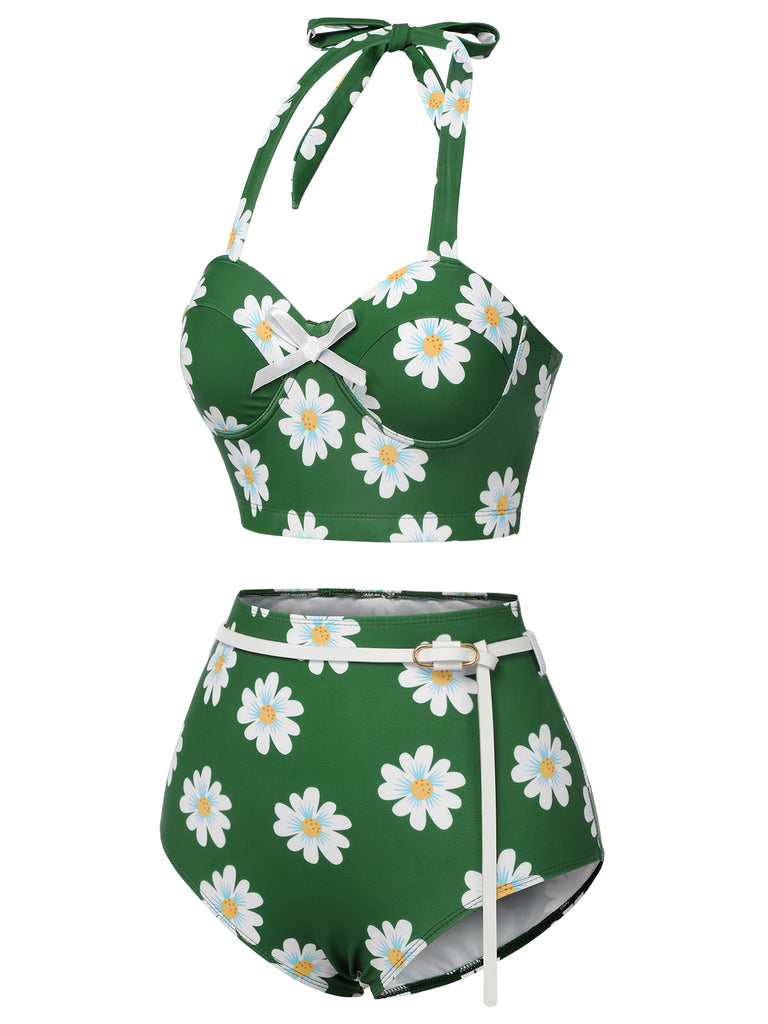 Green 1930s Daisy Halter Swimsuit, vintage swimsuit, pin-up swimwear - perfect for women who love vintage and retro fashion