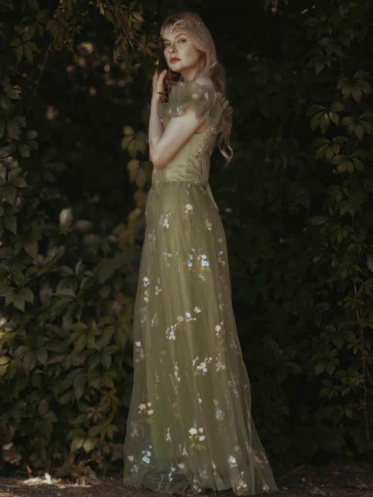 Green 1930s Floral Embroidered Mesh Strapless Dress, vintage dress, retro fashion - vintage inspired fashion