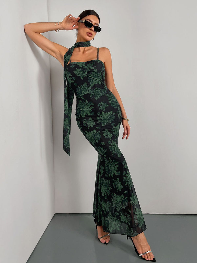 Green 1930s Floral Suspender Fishtail Dress - vintage dress, retro fashion
