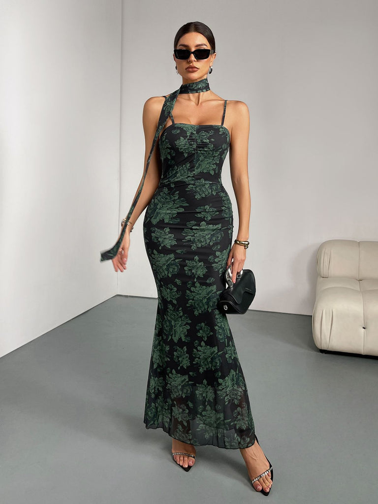 Green 1930s Floral Suspender Fishtail Dress - vintage dress, retro fashion