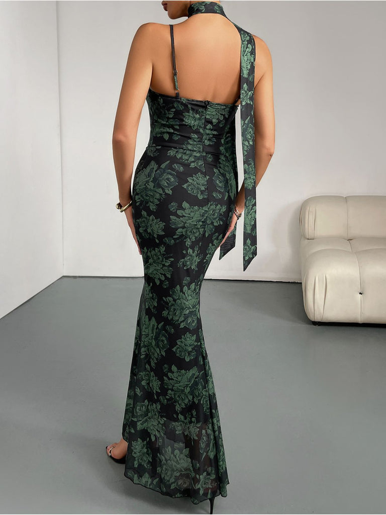 Green 1930s Floral Suspender Fishtail Dress - vintage dress, retro fashion