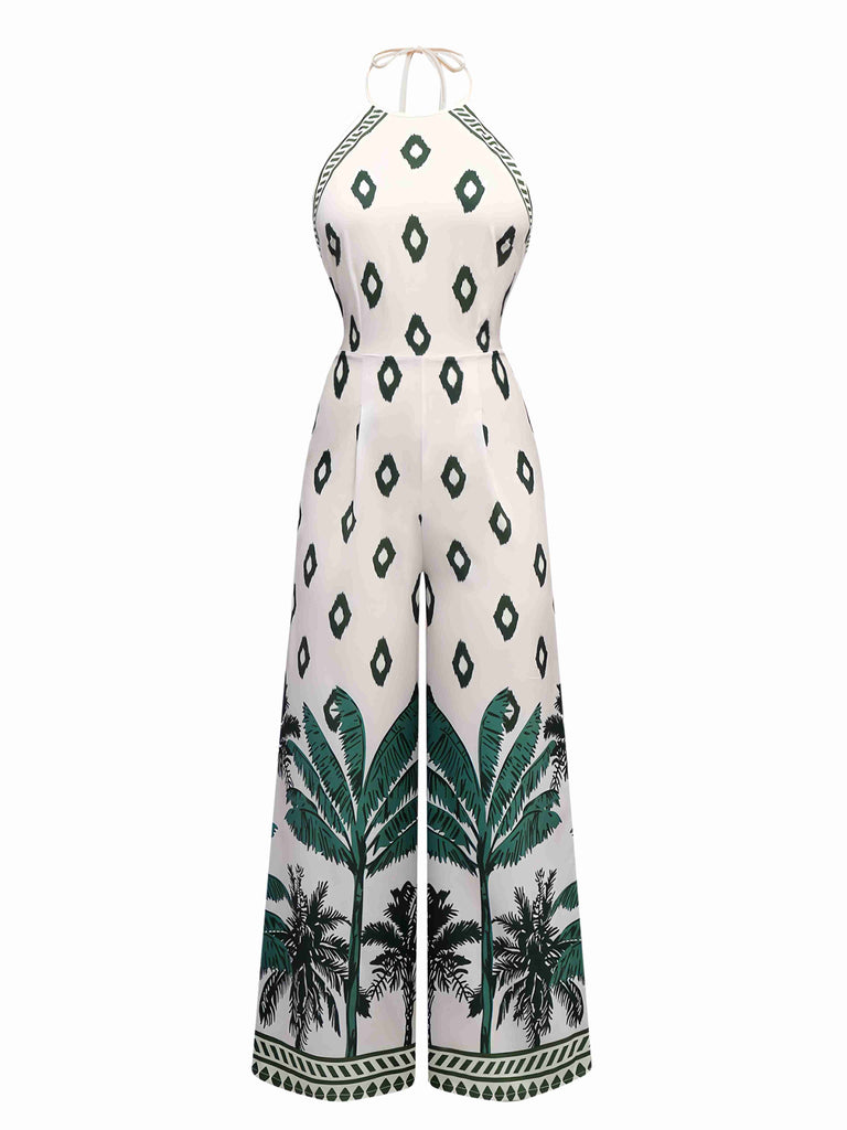 Green 1930s Palm Trees Halter Jumpsuit - vintage jumpsuit, retro fashion