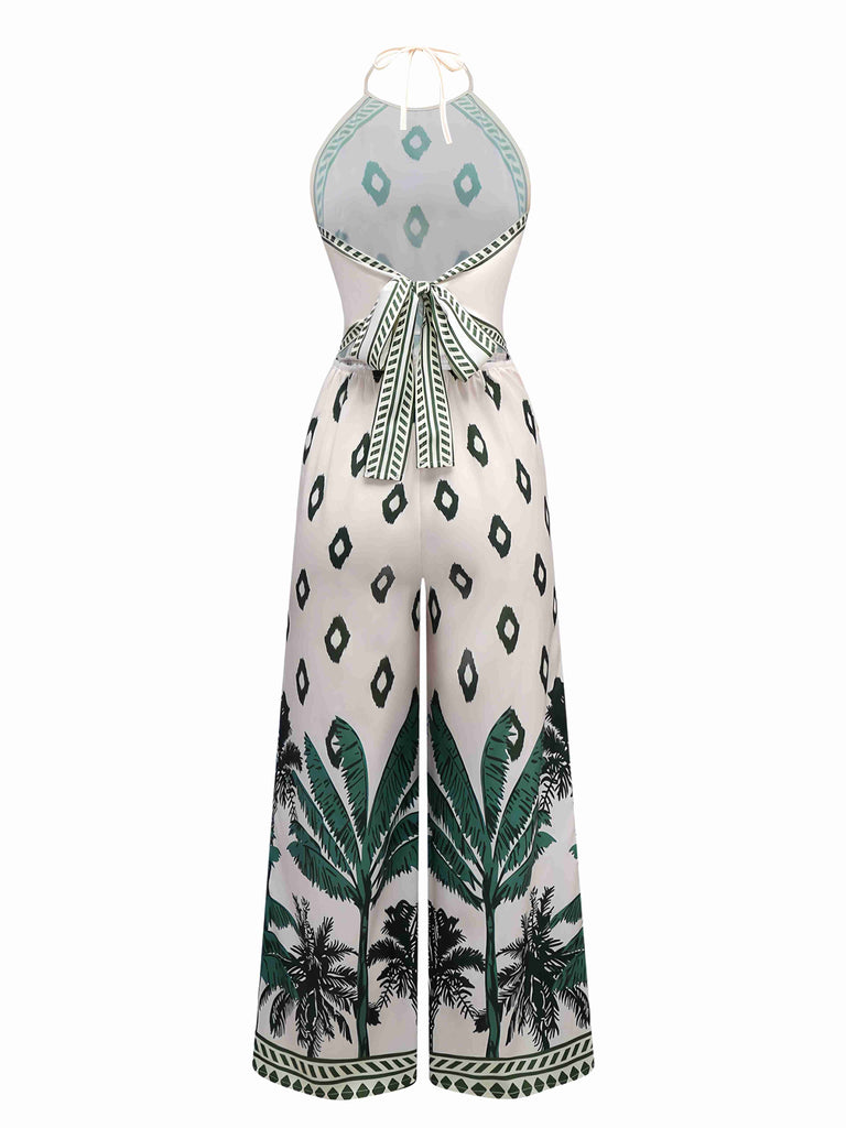 Green 1930s Palm Trees Halter Jumpsuit - vintage jumpsuit, retro fashion