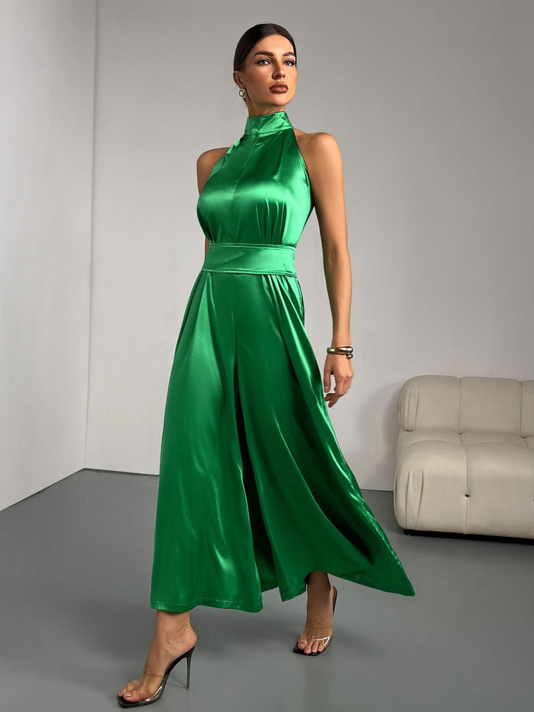Green 1930s Satin Stand Collar Wideleg Jumpsuit - vintage jumpsuit, retro fashion