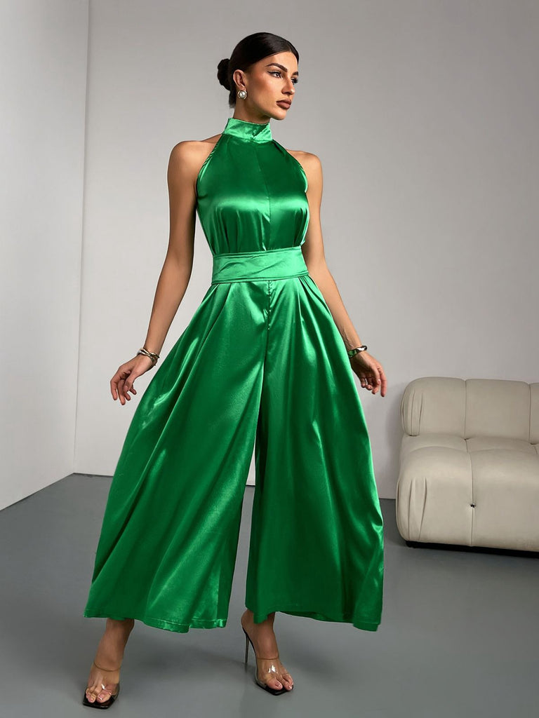 Green 1930s Satin Stand Collar Wideleg Jumpsuit - vintage jumpsuit, retro fashion