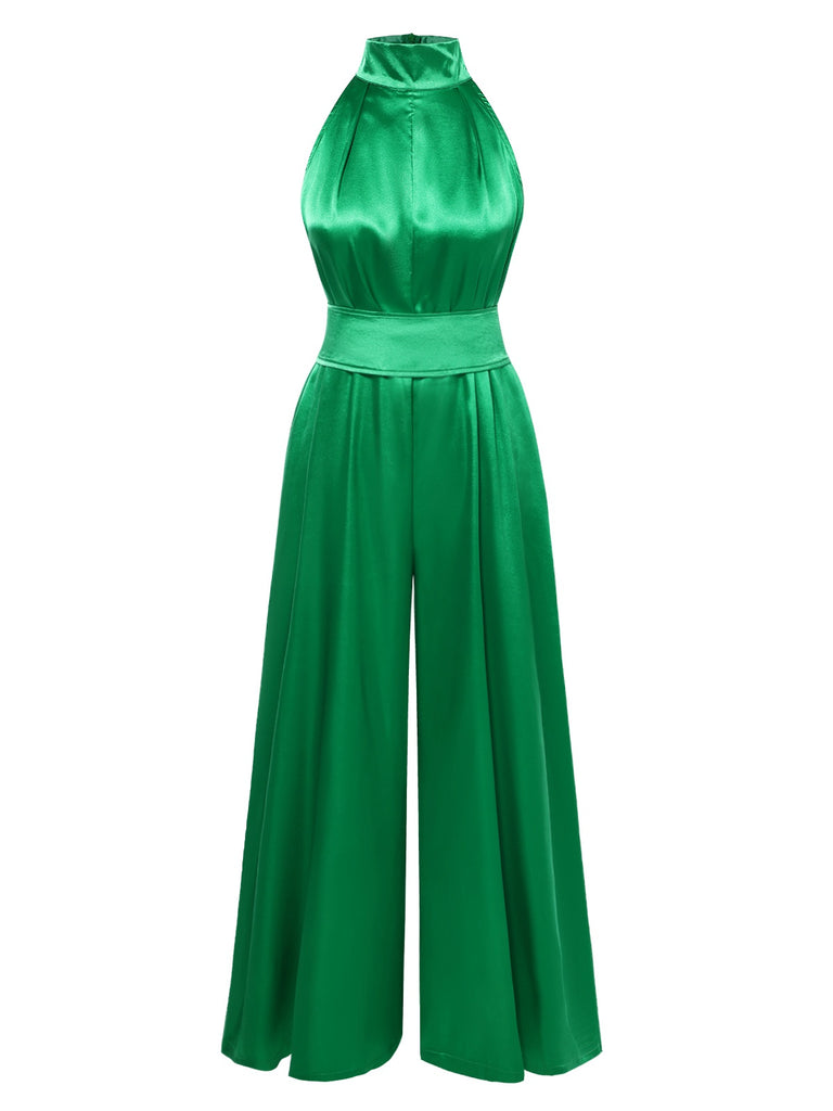 Green 1930s Satin Stand Collar Wideleg Jumpsuit, vintage romper, retro jumpsuit - perfect for women who love vintage and retro fashion