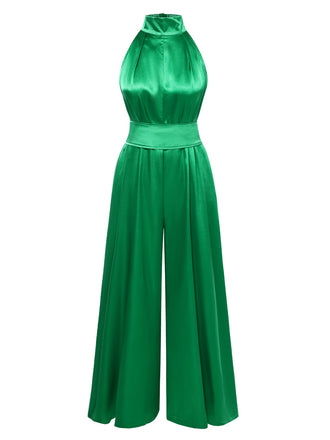 Green 1930s Satin Stand Collar Wideleg Jumpsuit, vintage romper, retro jumpsuit - perfect for women who love vintage and retro fashion