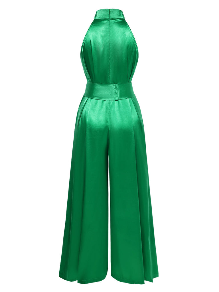 Green 1930s Satin Stand Collar Wideleg Jumpsuit, vintage romper, retro jumpsuit - perfect for women who love vintage and retro fashion