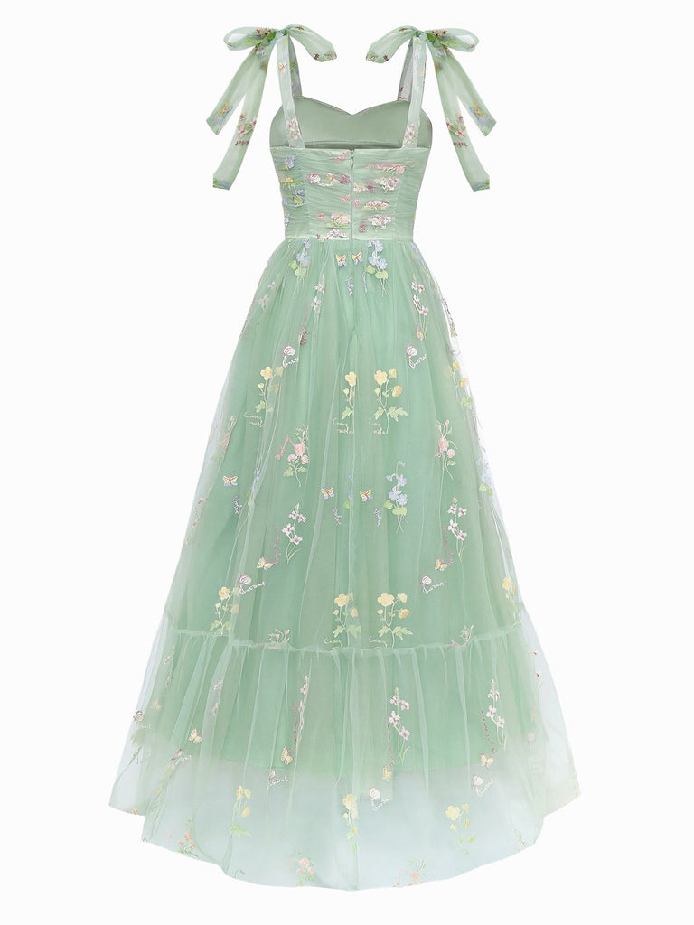 Green 1930s Shoulder Tie Embroidered Floral Mesh Dress, vintage dress, retro fashion, floral print - perfect for women who love vintage and retro fashion