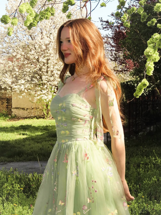 Green 1930s Shoulder Tie Embroidered Floral Mesh Dress, vintage dress, retro fashion, floral print - perfect for women who love vintage and retro fashion