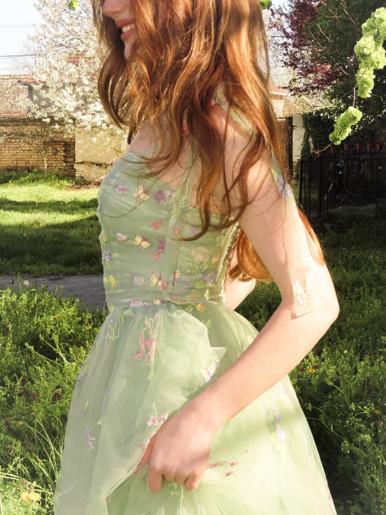 Green 1930s Shoulder Tie Embroidered Floral Mesh Dress, vintage dress, retro fashion, floral print - perfect for women who love vintage and retro fashion
