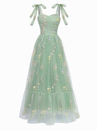 Green 1930s Shoulder Tie Embroidered Floral Mesh Dress, vintage dress, retro fashion, floral print - perfect for women who love vintage and retro fashion