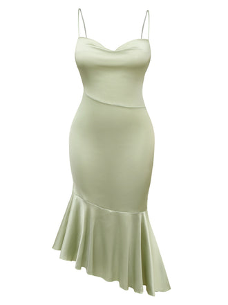 Green 1930s Solid Cowl Neck Ruffled Mermaid Dress - vintage dress, retro fashion